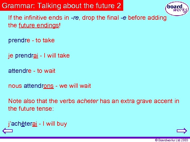 Grammar: Talking about the future 2 If the infinitive ends in -re, drop the