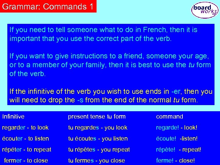 Grammar: Commands 1 If you need to tell someone what to do in French,