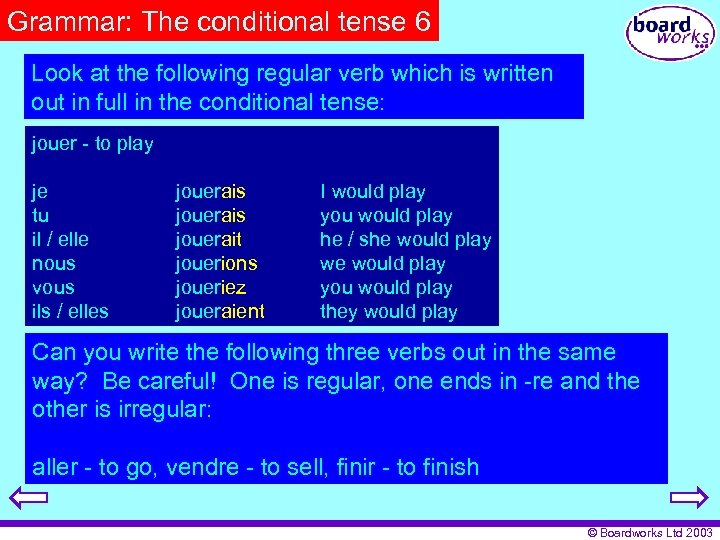 Grammar: The conditional tense 6 Look at the following regular verb which is written