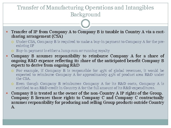 Transfer of Manufacturing Operations and Intangibles Background Transfer of IP from Company A to