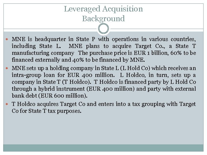 Leveraged Acquisition Background MNE is headquarter in State P with operations in various countries,