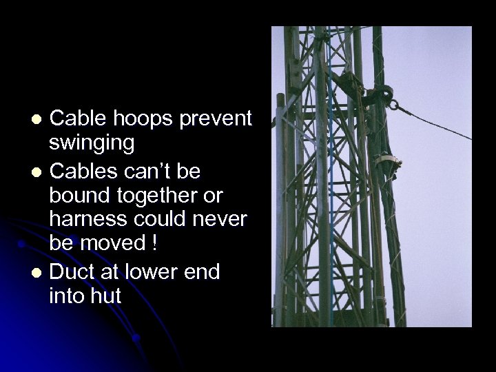 Cable hoops prevent swinging l Cables can’t be bound together or harness could never