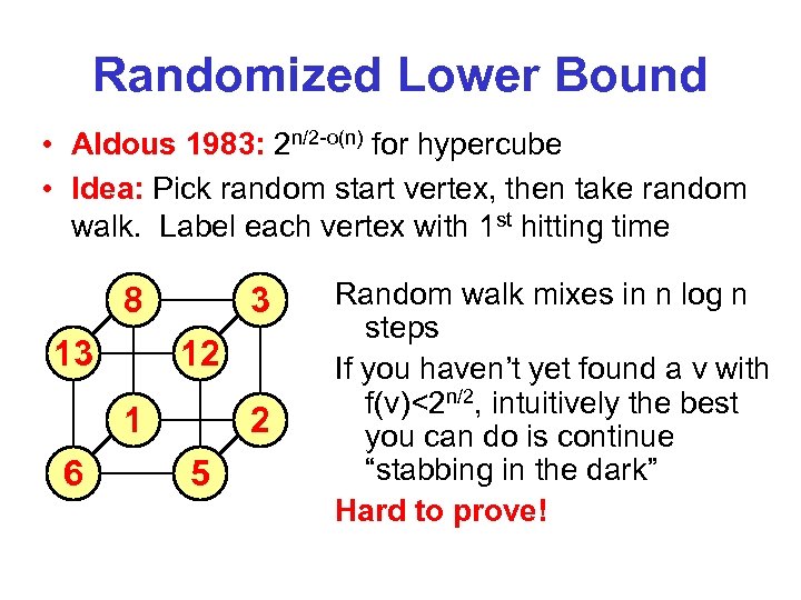 Randomized Lower Bound • Aldous 1983: 2 n/2 -o(n) for hypercube • Idea: Pick