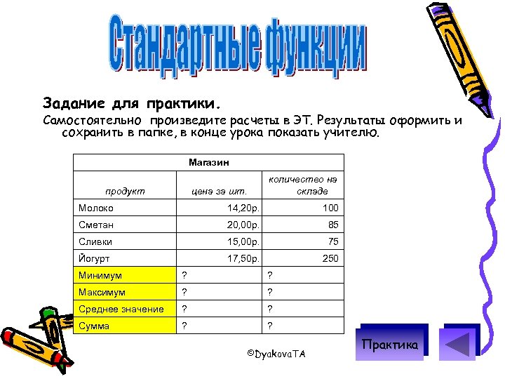 Задание для практики. Самостоятельно произведите расчеты в ЭТ. Результаты оформить и сохранить в папке,