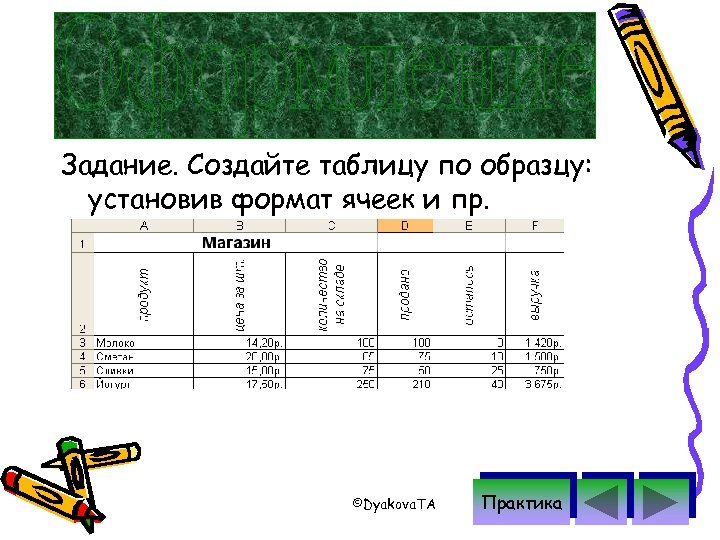 Задание. Создайте таблицу по образцу: установив формат ячеек и пр. ©Dyakova. TA Практика 