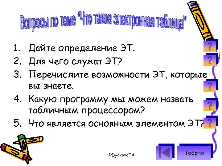 1. Дайте определение ЭТ. 2. Для чего служат ЭТ? 3. Перечислите возможности ЭТ, которые