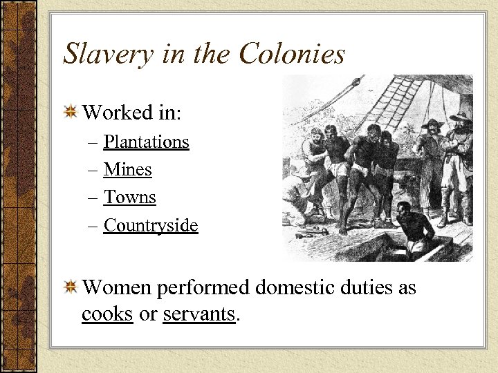 Slavery in the Colonies Worked in: – Plantations – Mines – Towns – Countryside