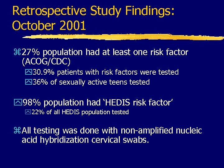 Retrospective Study Findings: October 2001 z 27% population had at least one risk factor
