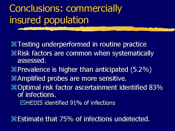 Conclusions: commercially insured population z Testing underperformed in routine practice z Risk factors are