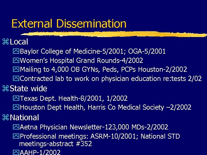 External Dissemination z Local y. Baylor College of Medicine-5/2001; OGA-5/2001 y. Women’s Hospital Grand