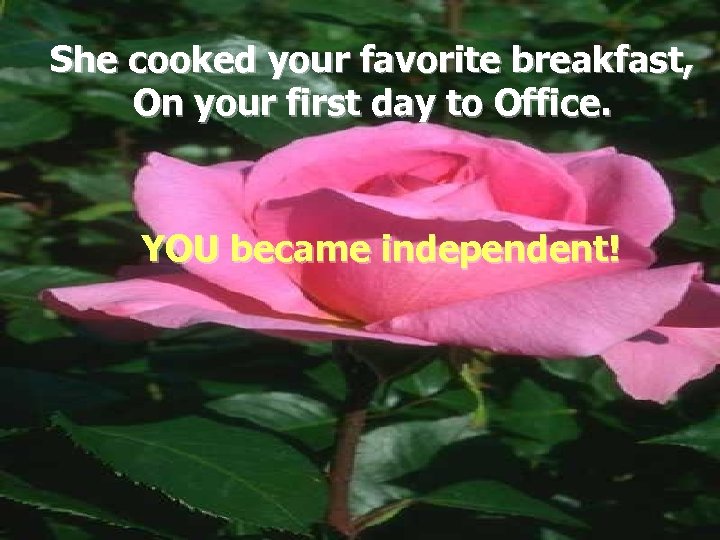 She cooked your favorite breakfast, On your first day to Office. YOU became independent!
