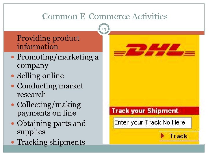 Common E-Commerce Activities 13 Providing product information Promoting/marketing a company Selling online Conducting market