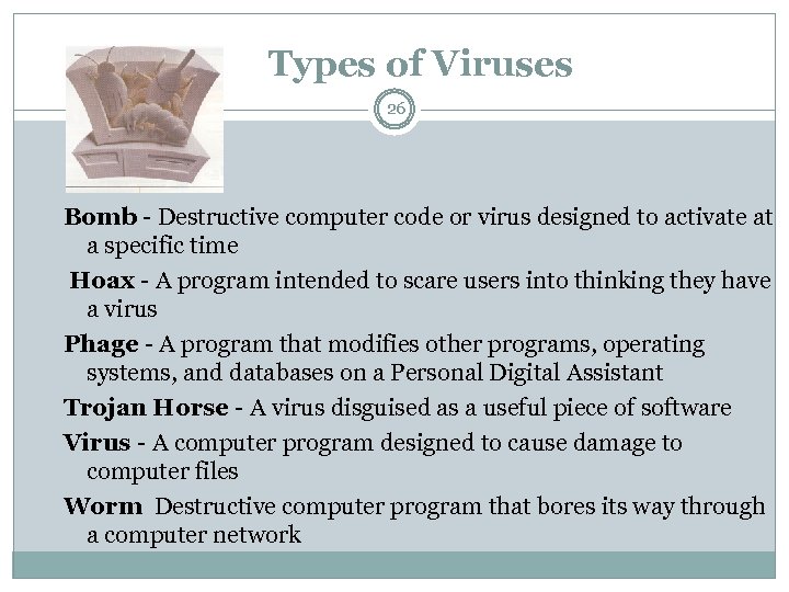 Types of Viruses 26 Bomb - Destructive computer code or virus designed to activate