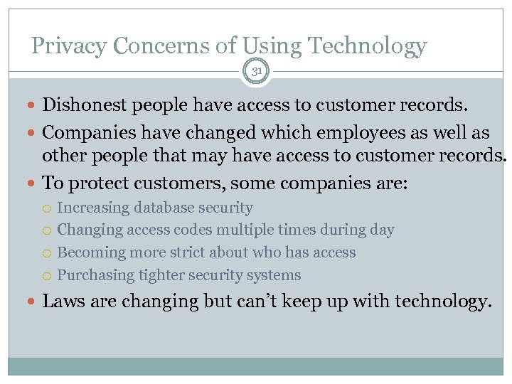 Privacy Concerns of Using Technology 31 Dishonest people have access to customer records. Companies