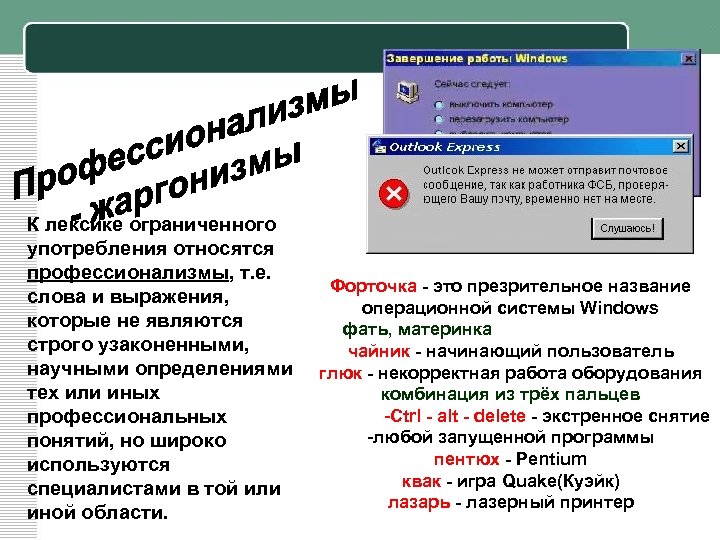 К лексике ограниченного употребления относятся профессионализмы, т. е. слова и выражения, которые не являются