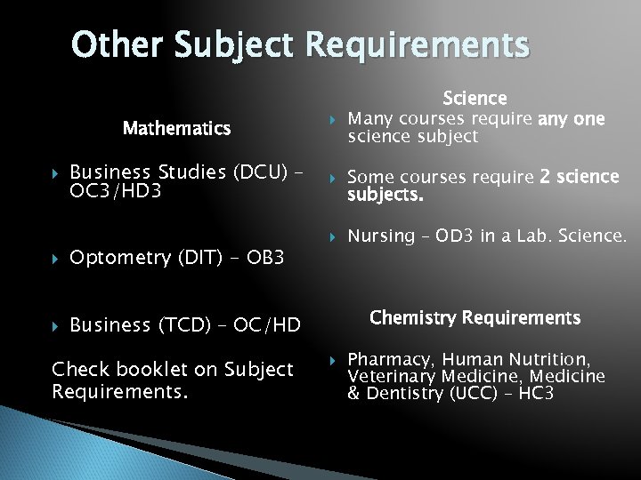 Other Subject Requirements Mathematics Business Studies (DCU) – OC 3/HD 3 Optometry (DIT) -
