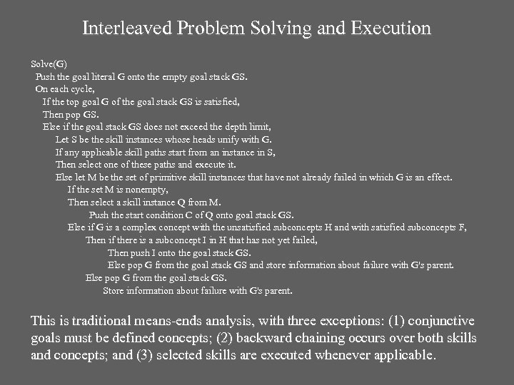 Interleaved Problem Solving and Execution Solve(G) Push the goal literal G onto the empty