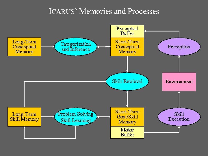 ICARUS’ Memories and Processes Perceptual Buffer Long-Term Skill Memory Categorization and Inference Problem Solving