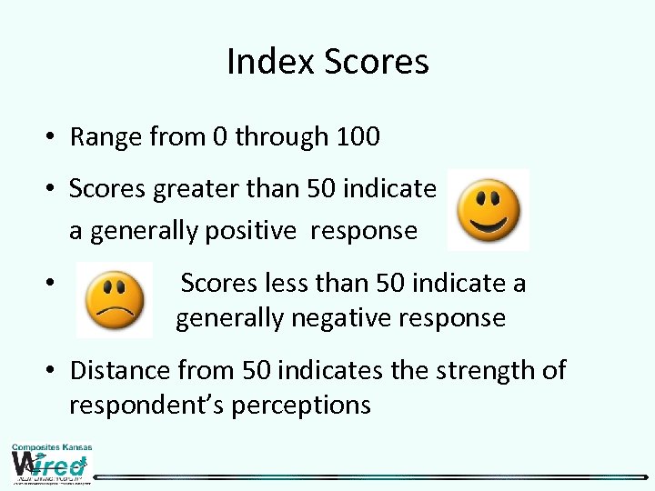 Index Scores • Range from 0 through 100 • Scores greater than 50 indicate