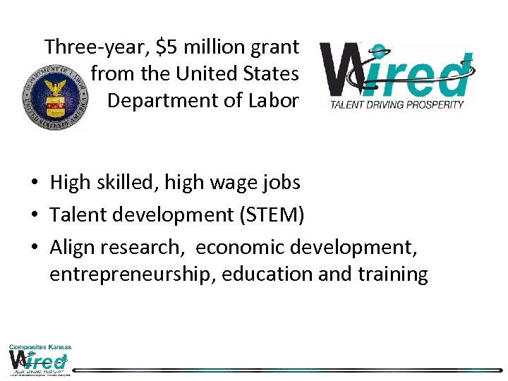 Three-year, $5 million grant from the United States Department of Labor • High skilled,