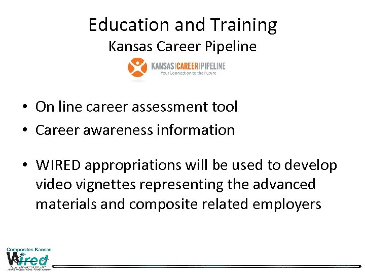 Education and Training Kansas Career Pipeline • On line career assessment tool • Career