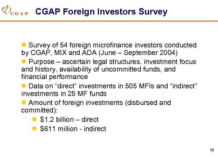 CGAP Foreign Investors Survey l Survey of 54 foreign microfinance investors conducted by CGAP,