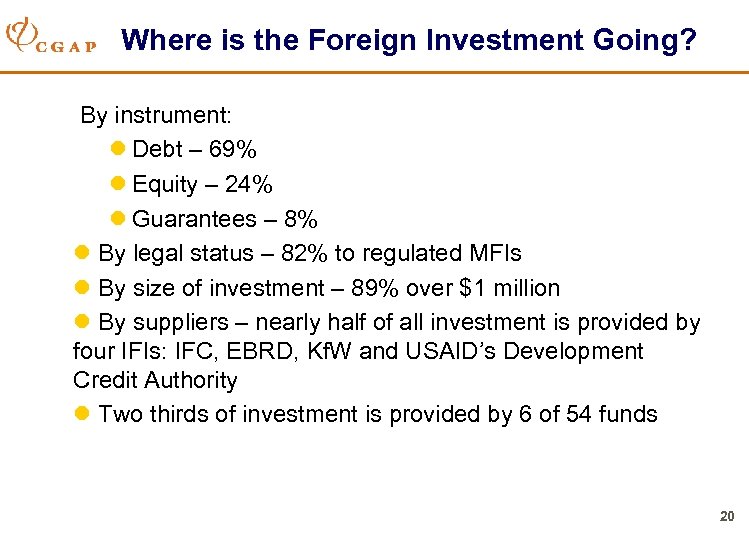 Where is the Foreign Investment Going? By instrument: l Debt – 69% l Equity