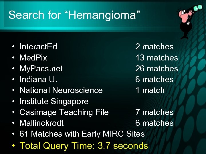 Search for “Hemangioma” • • • Interact. Ed 2 matches Med. Pix 13 matches