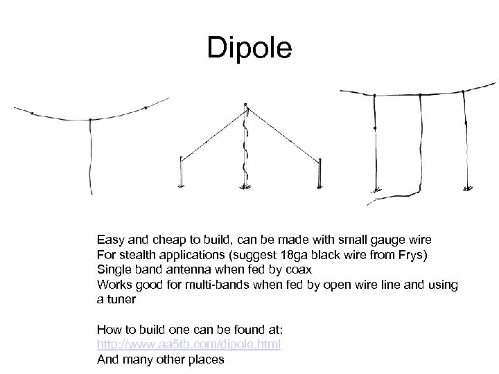 Dipole Easy and cheap to build, can be made with small gauge wire For