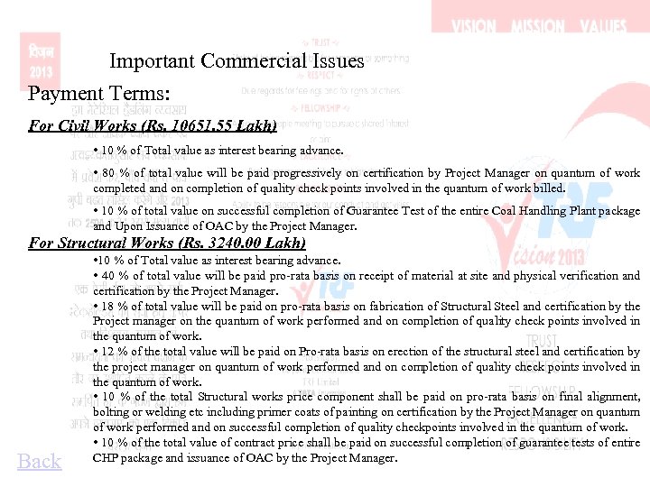 Important Commercial Issues Payment Terms: For Civil Works (Rs. 10651. 55 Lakh) • 10