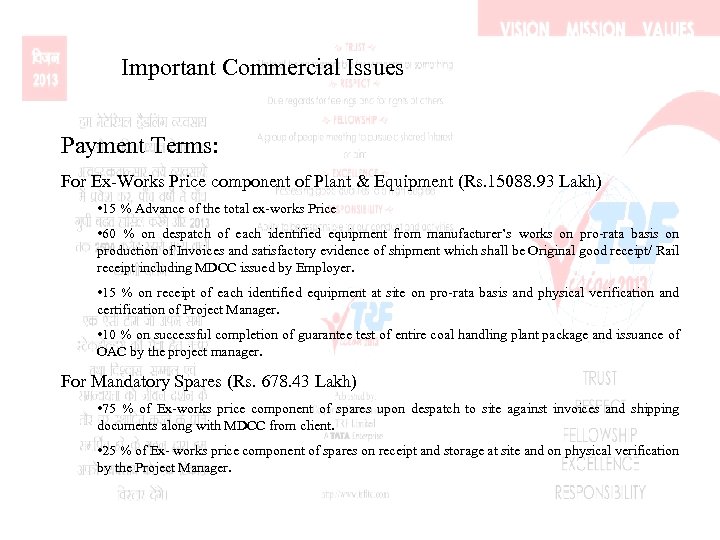 Important Commercial Issues Payment Terms: For Ex-Works Price component of Plant & Equipment (Rs.