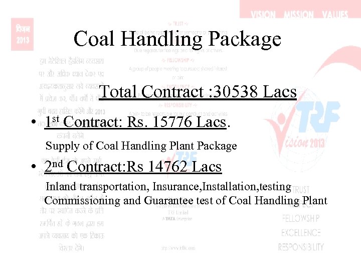 Coal Handling Package Total Contract : 30538 Lacs • 1 st Contract: Rs. 15776