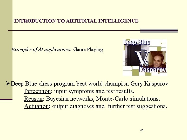 INTRODUCTION TO ARTIFICIAL INTELLIGENCE Examples of AI applications: Game Playing ØDeep Blue chess program