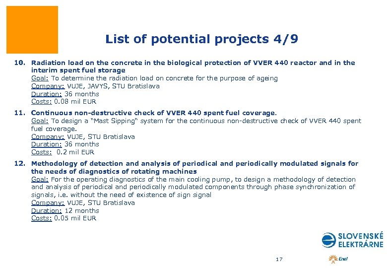 List of potential projects 4/9 10. Radiation load on the concrete in the biological