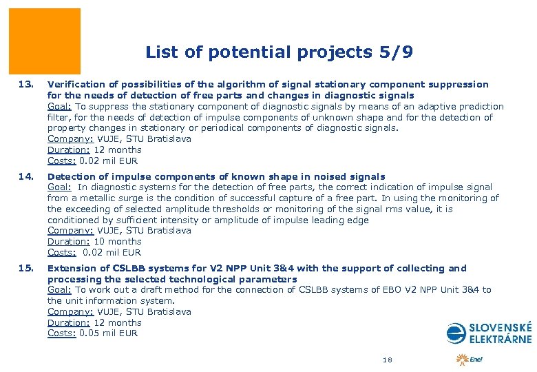 List of potential projects 5/9 13. Verification of possibilities of the algorithm of signal