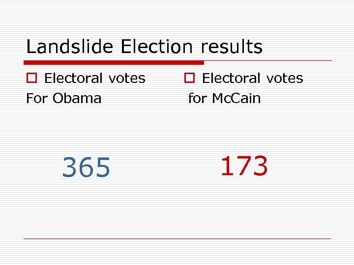 Landslide Election results o Electoral votes For Obama o Electoral votes for Mc. Cain