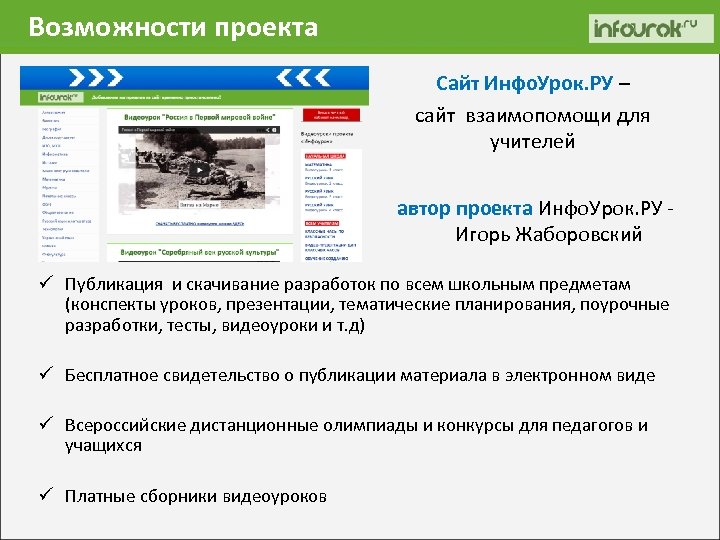 Инфо ру. Игорь Жаборовский Инфоурок. Возможности инфоурока. Презентация о сайте инфо урок.