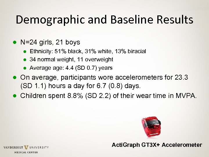 Demographic and Baseline Results ● N=24 girls, 21 boys ● Ethnicity: 51% black, 31%