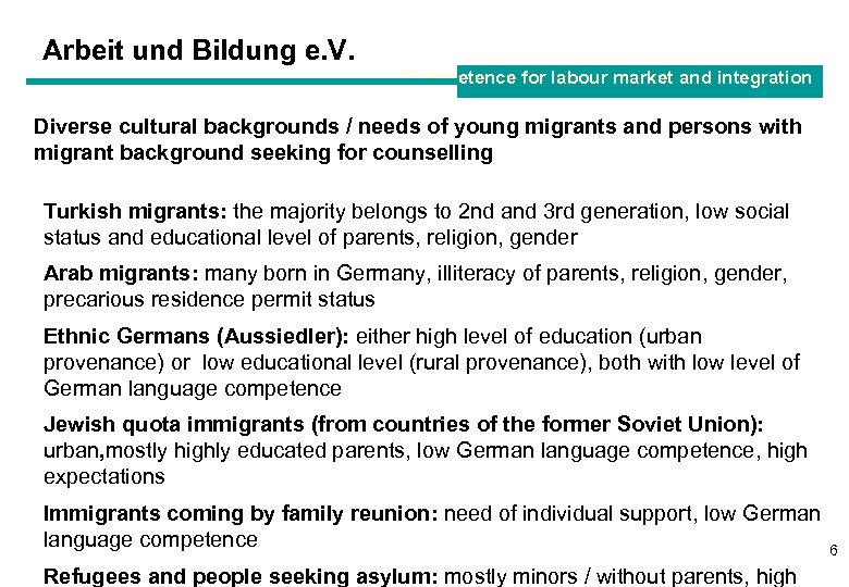 Arbeit und Bildung e. V. Competence for labour market and integration Diverse cultural backgrounds