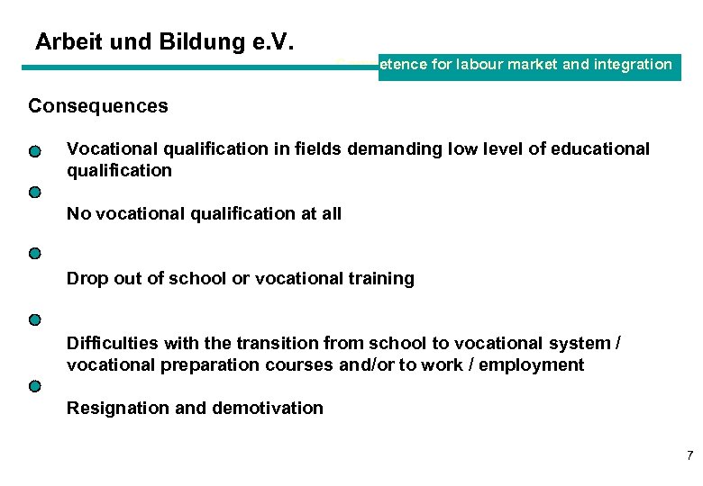 Arbeit und Bildung e. V. Competence for labour market and integration Consequences Vocational qualification