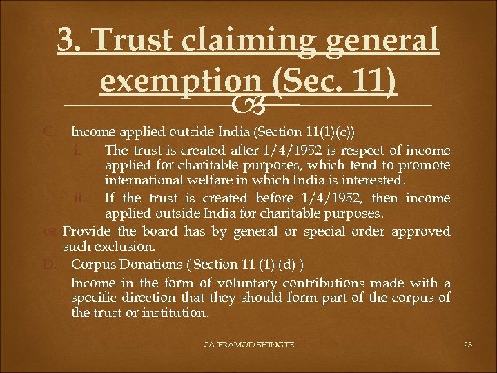 3. Trust claiming general exemption (Sec. 11) C. Income applied outside India (Section 11(1)(c))