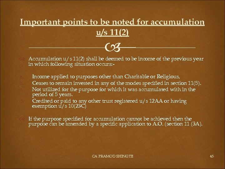 Important points to be noted for accumulation u/s 11(2) Accumulation u/s 11(2) shall be