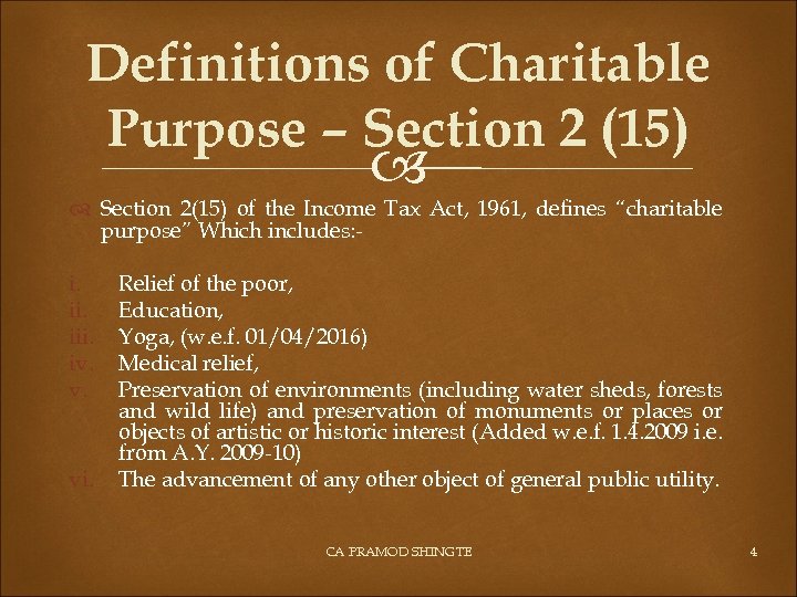 Definitions of Charitable Purpose – Section 2 (15) Section 2(15) of the Income Tax