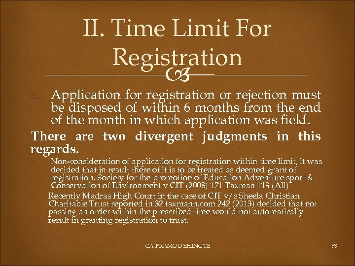 II. Time Limit For Registration a. Application for registration or rejection must be disposed