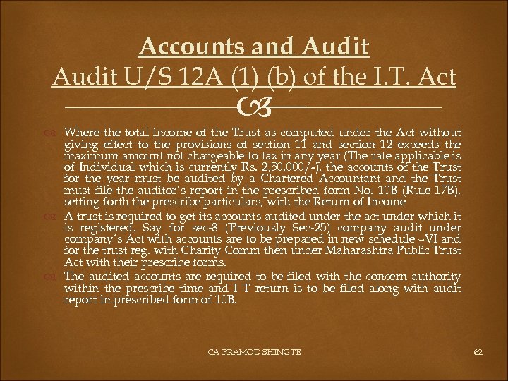 Accounts and Audit U/S 12 A (1) (b) of the I. T. Act Where