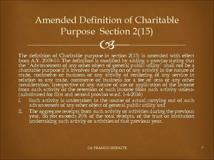 Amended Definition of Charitable Purpose Section 2(15) The definition of Charitable purpose in section