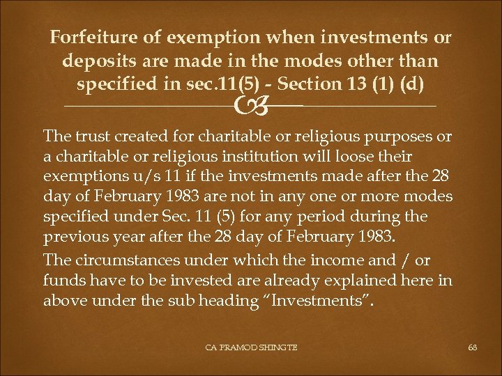 Forfeiture of exemption when investments or deposits are made in the modes other than