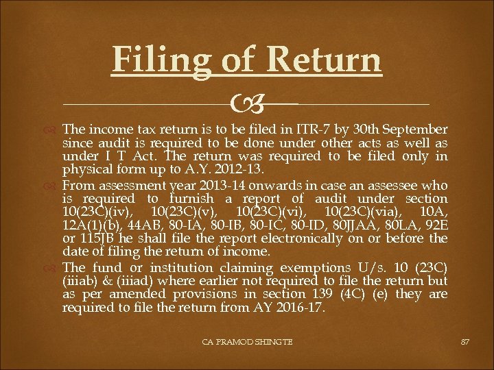 Filing of Return The income tax return is to be filed in ITR-7 by