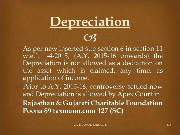 Depreciation As per new inserted sub section 6 in section 11 w. e. f.