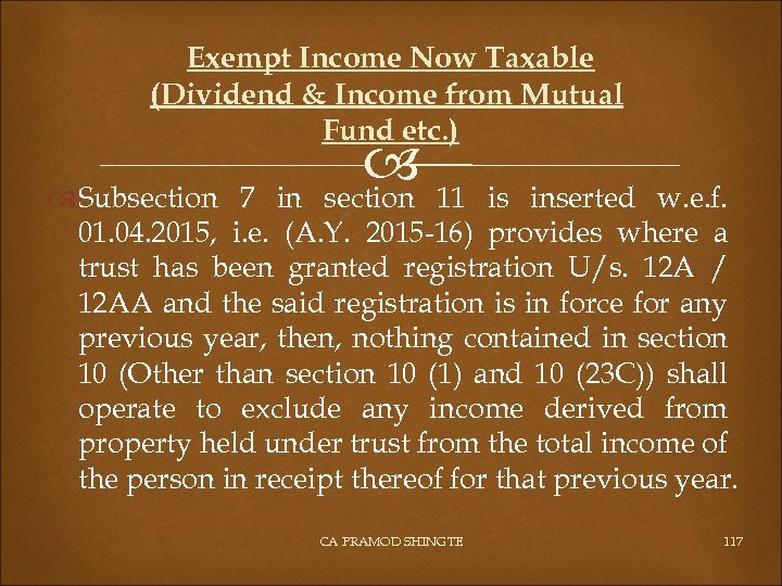 Exempt Income Now Taxable (Dividend & Income from Mutual Fund etc. ) 11 section